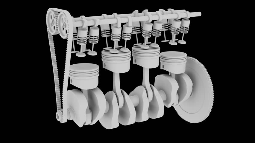 How a car engine works from the inside. Pistons, crankshaft, camshaft, valves in motion. Alpha Channel. Cyclic movement. Horizontal composition.