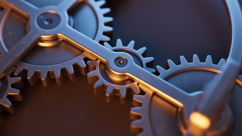 Looping animation of a mechanical structure made of metal gears. Cyclic movement. Close-up. Horizontal composition. Defocus.