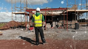 Construction worker entering site activating AR overlay showing blocks, network lines for analysis. Industrial, architecture, development, blueprint, engineering, digital, infrastructure - Powered by Shutterstock - Get 15% off with code: PIKWIZARD15