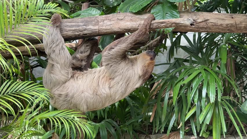 A fluffy sloth hangs upside down from a tree branch in a lush tropical setting. Its fur is light brown, and its relaxed posture conveys a sense of tranquility.