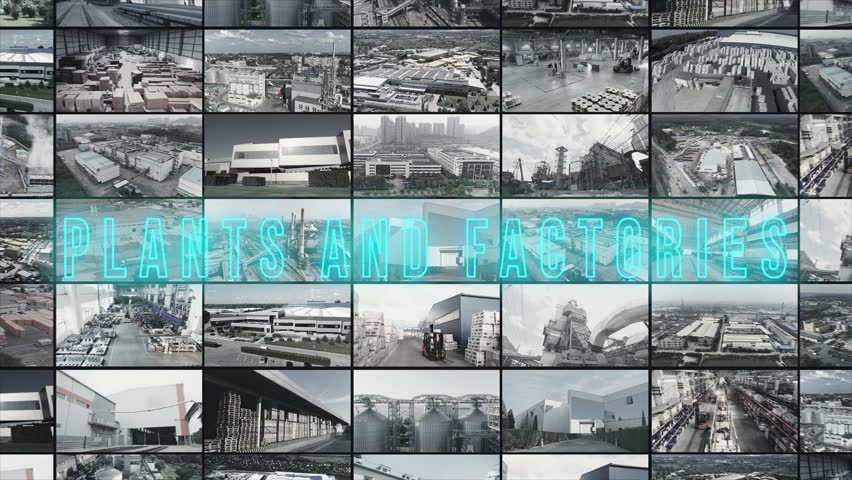 Plants and factories infographics. Plants and factories inscription. Multi-window video of industrial exteriors. Industrial exterior. Plants and factories frame for the beginning of the video