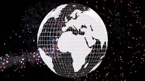 Green, yellow fireworks erupting behind rotating wireframe globe symbolizing global celebration. Geometric, celebration, digital, festive, vibrant, dynamic, global - Powered by Shutterstock - Get 15% off with code: PIKWIZARD15