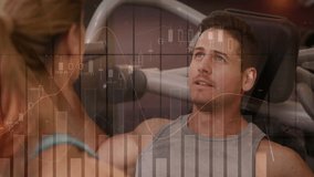 Trainer giving cues and man using chest press machine in gym with animated graphs highlighting reps. Strength training, gym, fitness, workout, motivation, coaching, bodybuilding - Powered by Shutterstock - Get 15% off with code: PIKWIZARD15