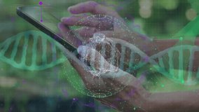 woman's hands tapping tablet screen initiating rotating DNA helix and updating health data chart. Biotechnology, digital, innovation, science, analytics, healthcare, modern - Powered by Shutterstock - Get 15% off with code: PIKWIZARD15