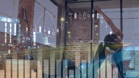 Woman executing side stretch by raising arm while financial chart overlay monitoring performance. Fitness, wellness, exercise, flexibility, yoga, health, strength - Powered by Shutterstock - Get 15% off with code: PIKWIZARD15