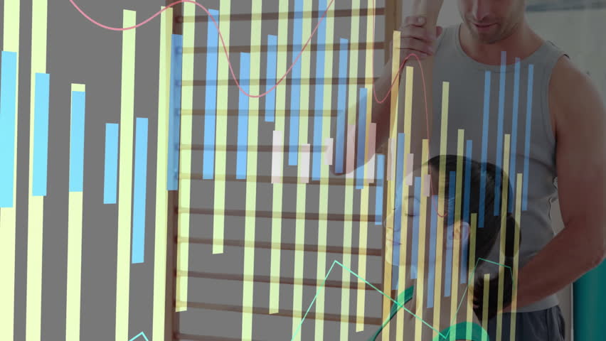 Trainer guiding client arm raising on ball with fitness chart bars tracking mobility progress. Rehabilitation, physiotherapy, posture, mobility, strength, stability, wellness