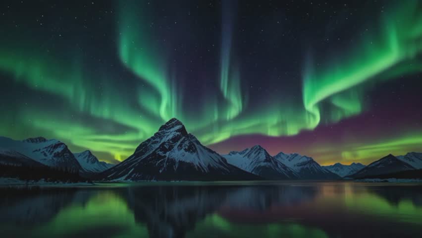 a stunning view of the Aurora Borealis, also known as the Northern Lights, dancing in bright green and purple hues across the dark night sky.