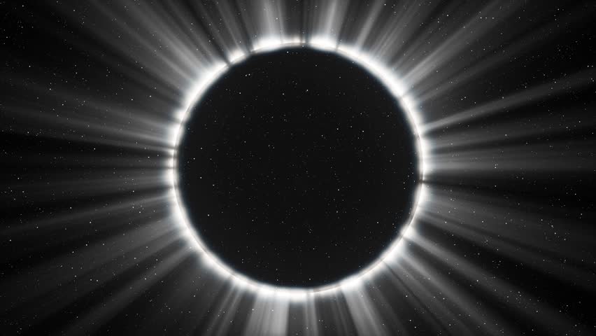 Abstract animation of a total solar eclipse - an astronomical phenomenon. Dynamics of a total solar eclipse in black and white tones. A huge black hole in the center of the galaxy. 3D render. 4K anima
