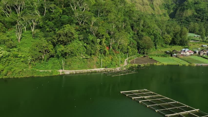 Aerial drone shot of a man stopping by with a motorcycle next to him on the roadside in Bali, revealing Lake Batur and floating fish cages beneath a scenic volcanic mountain view.