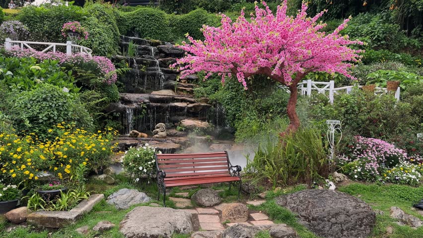 Serene landscape featuring a cascading waterfall, vibrant pink cherry blossoms, and lush greenery. A peaceful scene with a temple in the background, perfect for relaxation and tranquility.