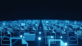 Abstract digital background showing documents, folders, and cloud icons connected by a grid network, representing data flow and management in a technological environment. - Powered by Shutterstock - Get 15% off with code: PIKWIZARD15