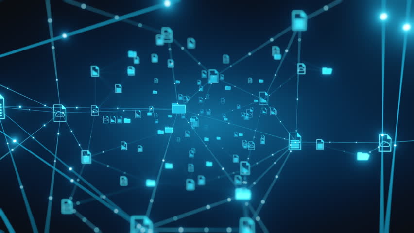 Abstract network background showing glowing nodes connected by lines, representing digital document and data management, cloud storage, and technology concepts.