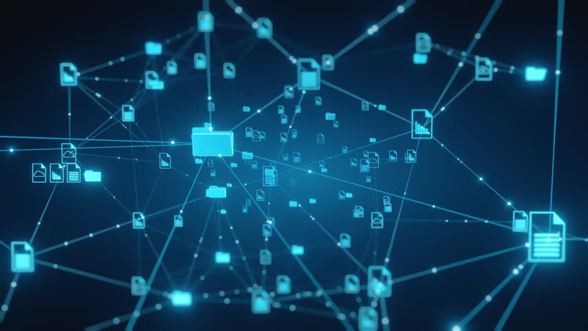 Abstract network background showing glowing nodes connected by lines, representing digital document and data management, cloud storage, and technology concepts.