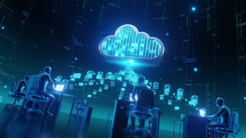 Abstract digital scene showing stylized people working at desks with documents flowing up to a cloud icon, representing data storage, cloud services, and modern document management.
