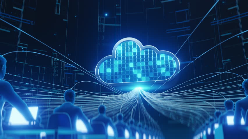 Abstract visualization of cloud technology with stylized figures accessing data streams in a digital network environment representing computing, communication, and data management.
