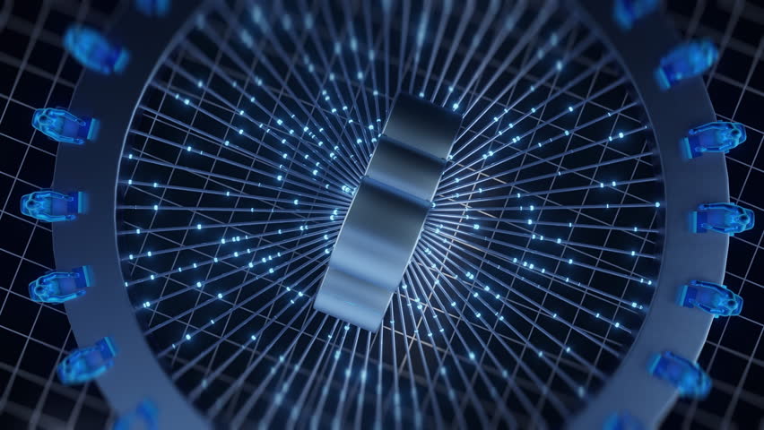 Virtual team meeting connects to a central cloud data system with streams of information flowing to digital figures working on laptops, representing global business communication and analytics.