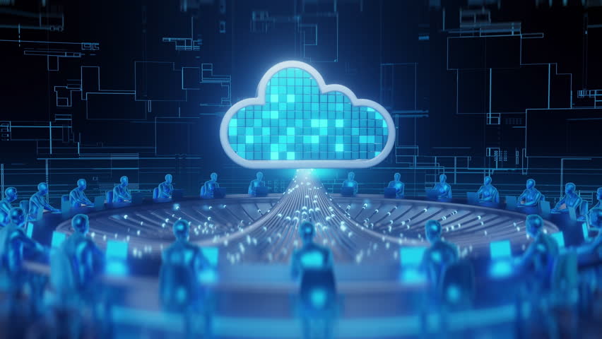 Virtual team meeting connects to a central cloud data system with streams of information flowing to digital figures working on laptops, representing global business communication and analytics. - Powered by Shutterstock - Get 15% off with code: PIKWIZARD15