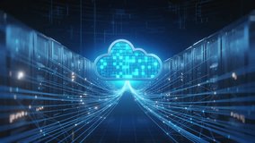 Abstract visual representation of cloud computing and data storage within a modern data center, showing digital network connections and information flow between servers and the cloud. - Powered by Shutterstock - Get 15% off with code: PIKWIZARD15