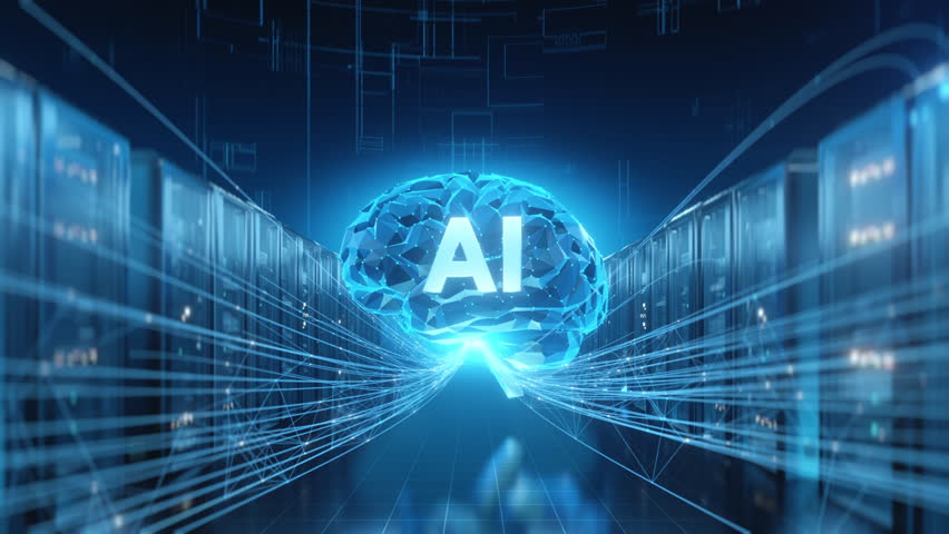 Abstract concept of Artificial Intelligence represented by a glowing brain structure within a data center environment, connected by futuristic network lines to server racks.