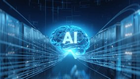 Abstract concept of Artificial Intelligence represented by a glowing brain structure within a data center environment, connected by futuristic network lines to server racks. - Powered by Shutterstock - Get 15% off with code: PIKWIZARD15
