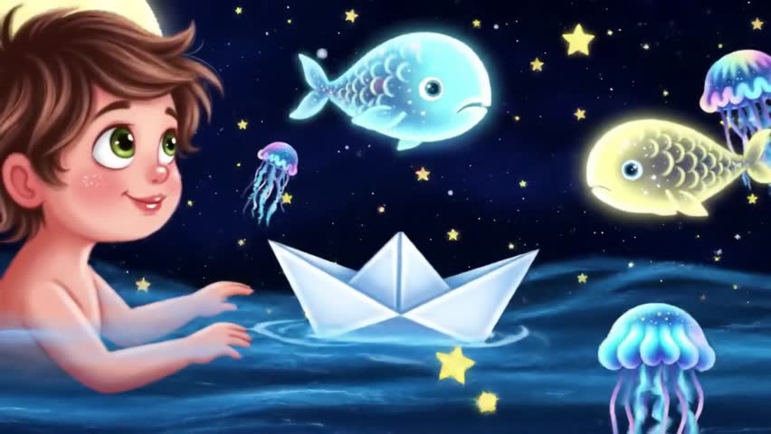 A young boy sails a paper boat through a dreamy river of stars, surrounded by glowing moonfish and cosmic light.