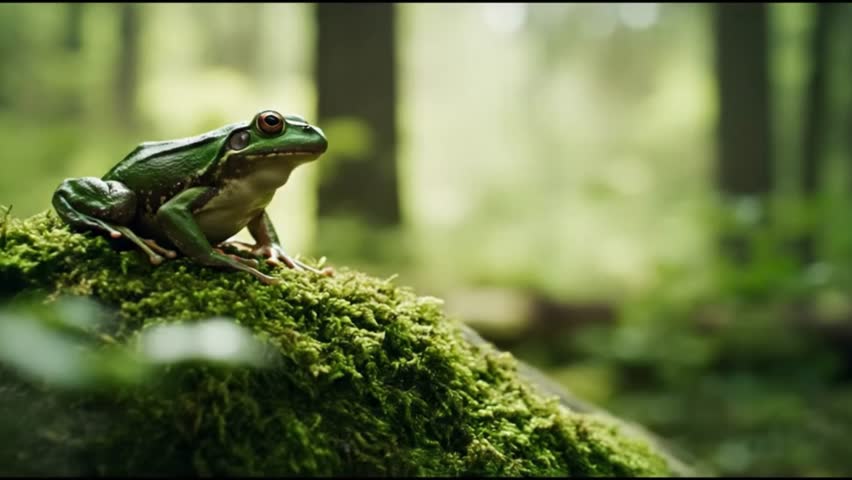 a green frog is jumping from a rock in the forest