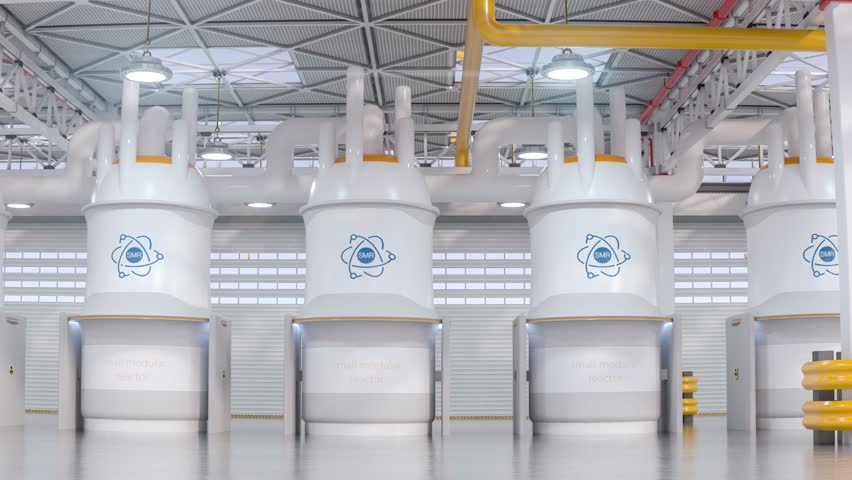 concept of a SMR small modular nuclear reactor power plant on a sunny day. SMR is a future energy concept. 3d rendering.