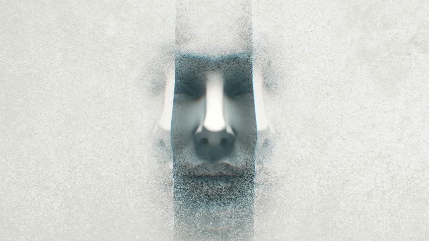A human face that is split in the middle with repeated versions, representative of human psychology, split or multiple personalities and the ego. In a stop frame grunge textured effect.