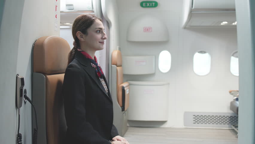 Flight attendant in uniform seated on airplane talks expressively on mobile phone, appearing engaged in casual conversation.