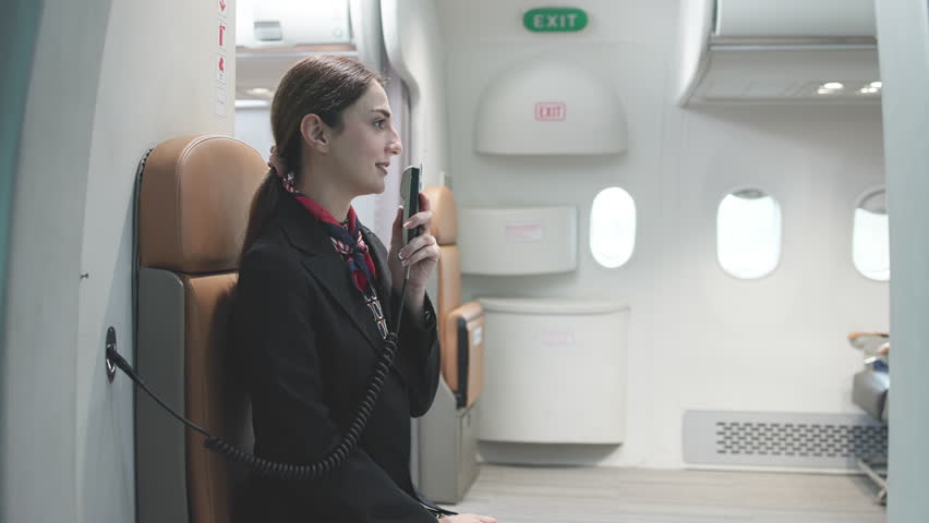 Flight attendant in uniform seated on airplane talks expressively on mobile phone, appearing engaged in casual conversation.