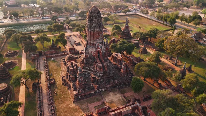 Majestic wat yai chaimongkol temple Aerial View, ancient ruins of Ayutthaya historical park, Thailand