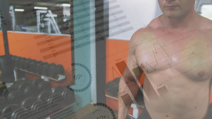 Shirtless male athlete gripping dumbbells in gym, performing side raises with animated metrics. Muscular, strength, determination, fitness, performance, training, gym