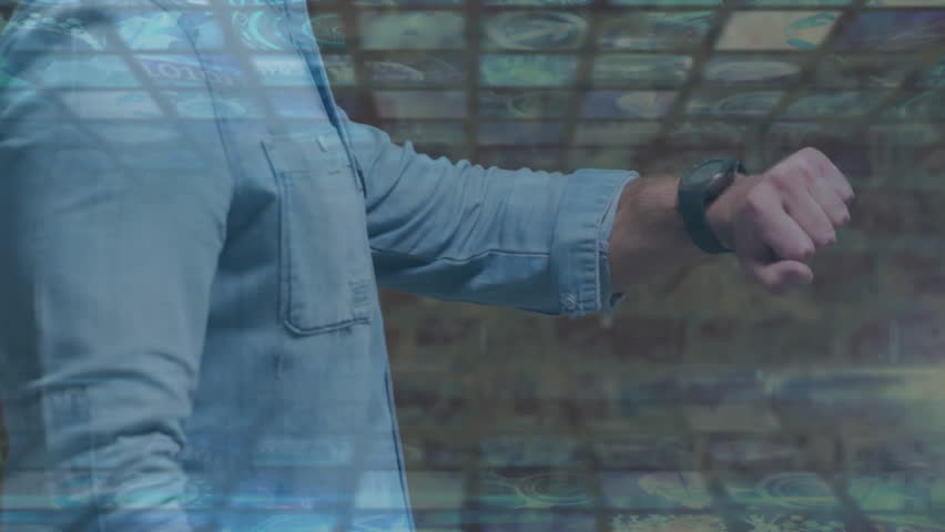 Man lifting smartwatch triggers hologram numeric codes shifting on 3D grid refining tech dashboard. Futuristic, innovation, technology, augmented reality, digital interface, data visualization, modern - Powered by Shutterstock - Get 15% off with code: PIKWIZARD15