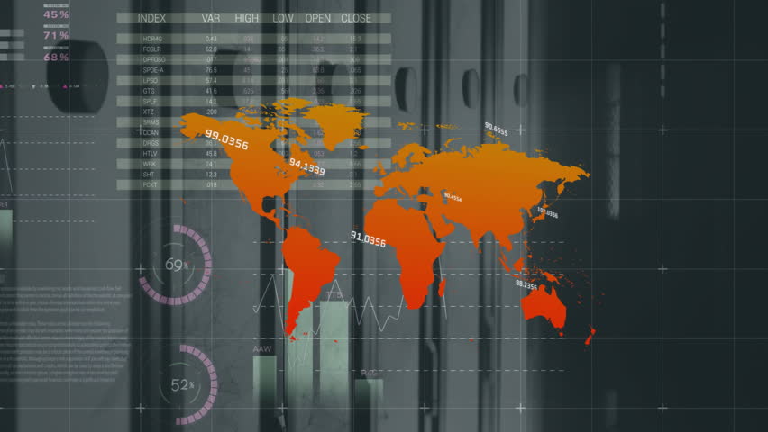 Grid appearing triggers world map fading with charts updating and meters moving for analytics. Dashboard, data visualization, infographic, futuristic, analytics, interface, digital - Powered by Shutterstock - Get 15% off with code: PIKWIZARD15