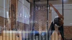 Upon financial chart overlay appearing, woman performing side bends on yoga mat for flexibility. Fitness, flexibility, studio, activewear, data visualization, training, wellness - Powered by Shutterstock - Get 15% off with code: PIKWIZARD15