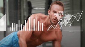 Man assuming high plank and rowing dumbbell with line chart and bar graph evolving tracking fitness. Strength, analytics, health, performance, innovation, digital, training - Powered by Shutterstock - Get 15% off with code: PIKWIZARD15