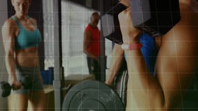 Woman picking dumbbell triggers animated line graph tracking bicep curl intensity in fitness gym. Strength training, workout, fitness, exercise, gym, wellness, determination - Powered by Shutterstock - Get 15% off with code: PIKWIZARD15