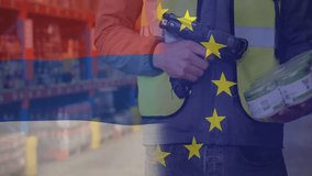 Animated EU and Dutch flags shifting stripes driving warehouse worker scanning goods for inventory. Regulation, logistics, supply chain, industrial, industrial worker, inventory management, security - Powered by Shutterstock - Get 15% off with code: PIKWIZARD15
