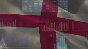 Overlay fading in starting England flag billowing bar charts and line graphs shifting showing data. Patriotism, analytics, visualization, motion, digital, abstract, finance - Powered by Shutterstock - Get 15% off with code: PIKWIZARD15