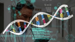 Dr. lifting medical tablet in corridor activating DNA helix and code overlay analyzing genomic data. Medical, technology, innovation, healthcare, research, biotech, analysis - Powered by Shutterstock - Get 15% off with code: PIKWIZARD15