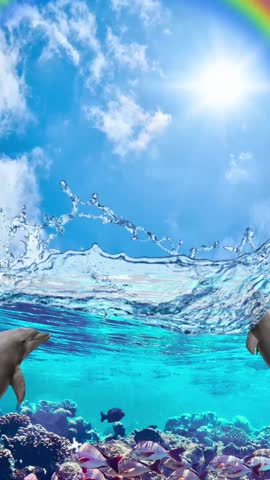 Surreal footage of dolphins leaping from the sea with a rainbow in the background. Dreamy and uplifting marine landscape.