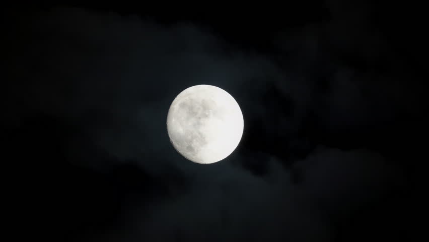 View at full moon at cloudy night sky. Scary atmosphere. Close up shot