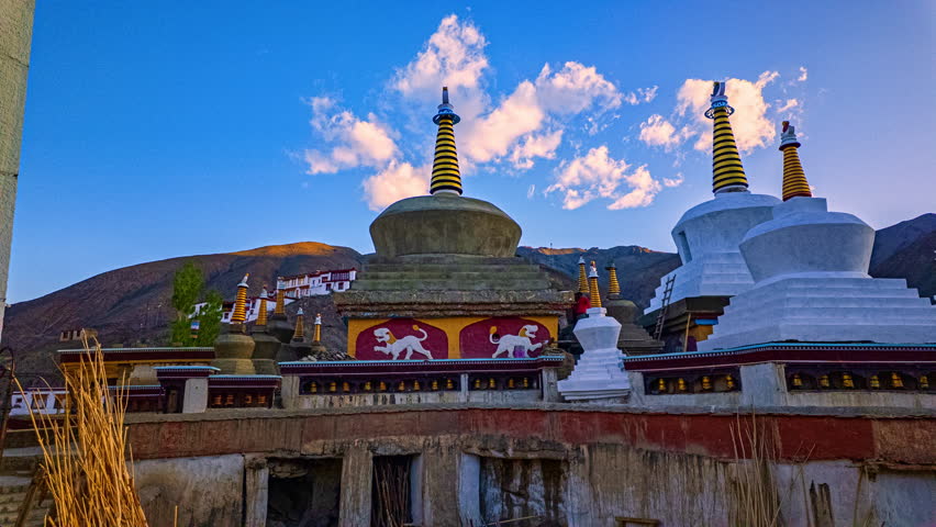 Timelapse beautiful stupas at Lamayuru Monastery at sunset. Lamayuru Monastery, also known as Yuru Gompa, is one of the oldest and largest monasteries in Ladakh, India