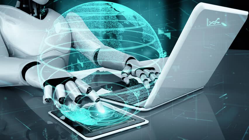 Future financial technology controll by AI robot huminoid uses machine learning and artificial intelligence to analyze business data and give advice on investment and trading decision . 3D rendering .