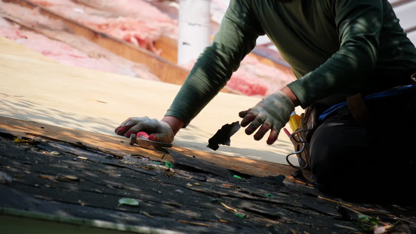 Roofers are removing old shingles from the roof of the residential house. Element of roof renovation