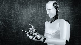 Robot hominoid use mobile phone or tablet for engineering science studying using AI thinking brain , artificial intelligence and machine learning process for 4th industrial revolution . 3D rendering - Powered by Shutterstock - Get 15% off with code: PIKWIZARD15