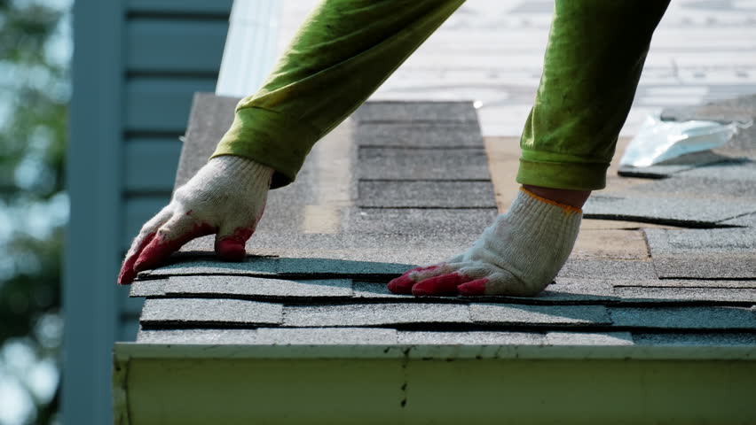 Roofers putting new roof shingles in right order on the house roof. Element of roof renovation