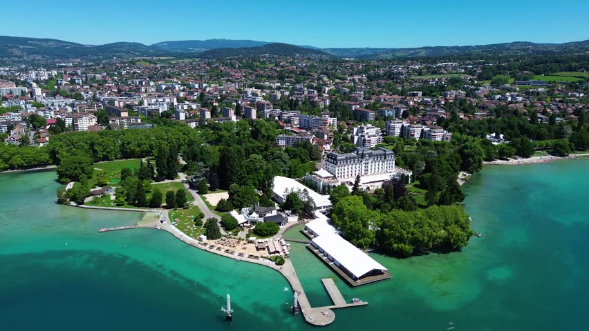Aerial view of the Imperial Hotel in the shore of Lake Annecy, a city located in Haute-Savoie, Auvergne-RhÃ´nes-Alpes, France