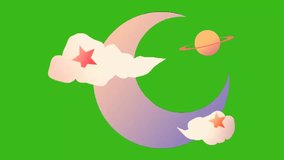 A mystical crescent moon with clouds, stars, and a distant planet, glowing subtly on a green screen, perfect for dreamlike or celestial themes - Powered by Shutterstock - Get 15% off with code: PIKWIZARD15