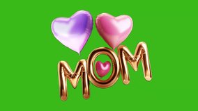 A glossy, golden "MOM" text in balloon letters, accented by floating pink and purple heart balloons on a green screen - Powered by Shutterstock - Get 15% off with code: PIKWIZARD15